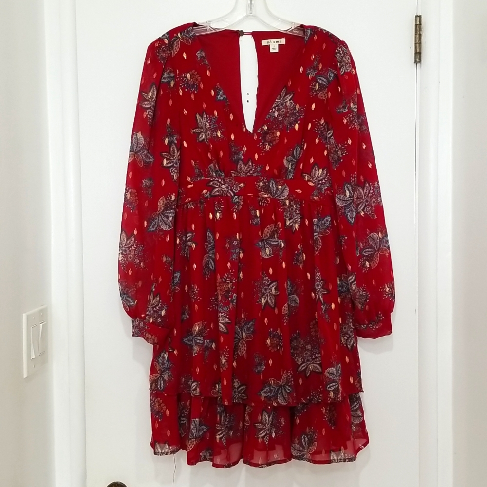 Burgundy Romantic Whimsigoth Boho Floral Metallic Sheer Layered Dress